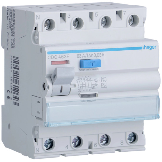 Interrupteur différentiel 4P 63A 30mA type AC - Hager - CDC463F