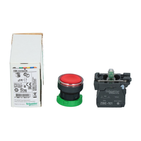 Bouton - poussoir lumineux rouge Ø22 - impulsion - 240 V - 1O+1F, Harmony XB5 Schneider Electric -
