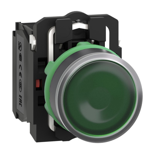 Bouton poussoir lumineux vert Ø22 - impulsion - 240 V - 1O+1F, Harmony XB5 Schneider Electric -