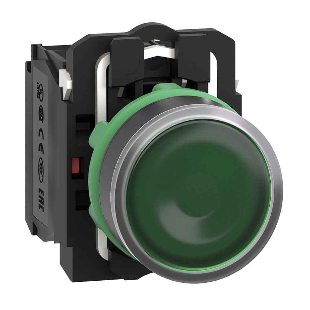 Bouton poussoir lumineux vert Ø22 - impulsion - 240 V - 1O+1F, Harmony XB5 Schneider Electric -