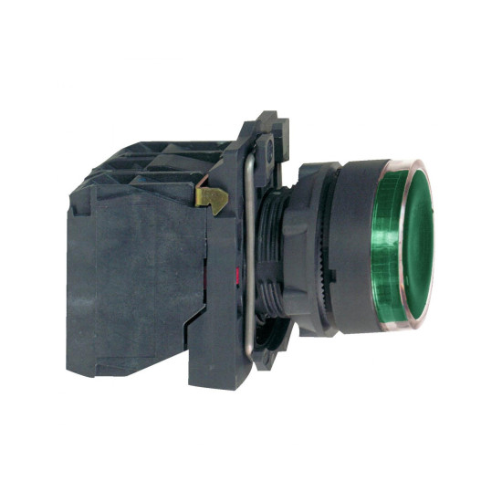 Bouton poussoir lumineux vert Ø22 - impulsion - 240 V - 1O+1F, Harmony XB5 Schneider Electric -