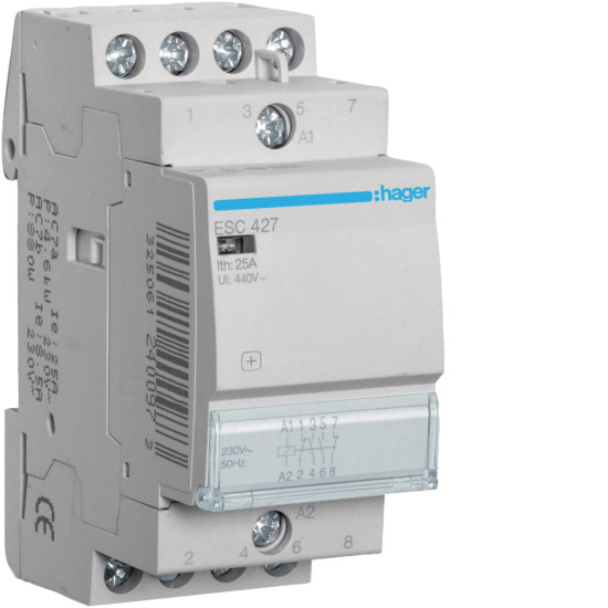 Contacteur modulaire sans commande manuelle 25A - 2F+2O - 230V - HAGER - ESC427,Automatisation et