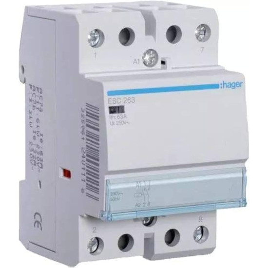 Contacteur modulaire sans commande manuelle 63A - 2F - 230V - HAGER - ESC263,Automatisation et