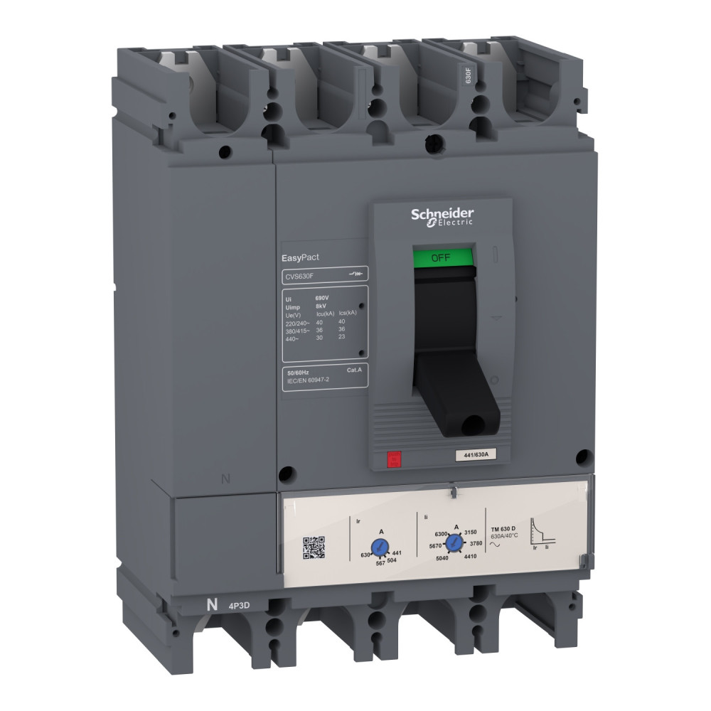 Disjoncteur 36 kA à 415 V CA, 500 A, déclencheur TM-D, 4P4d EasyPact CVS630F Schneider Electric -