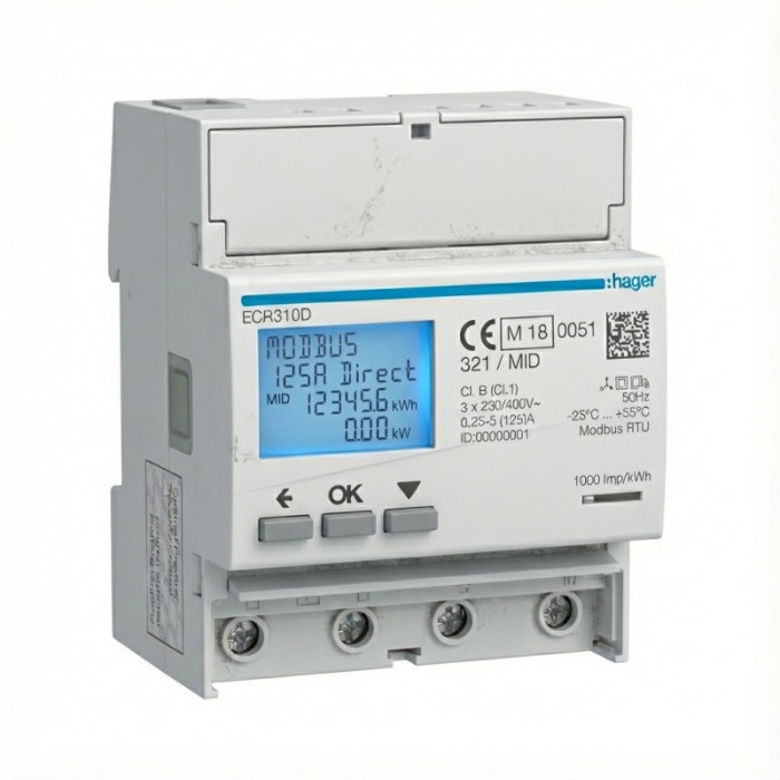 Compteur d'énergie triphasé direct 125A 6M MODBUS MID - HAGER -