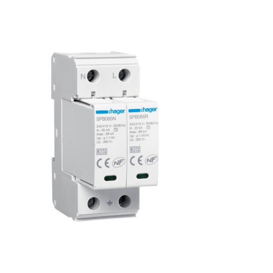 PARAFOUDRE 2P In 20kA Imax 65KAT2 TNS/TT Uc 320V -HAGER-SPB265R,Parafoudre