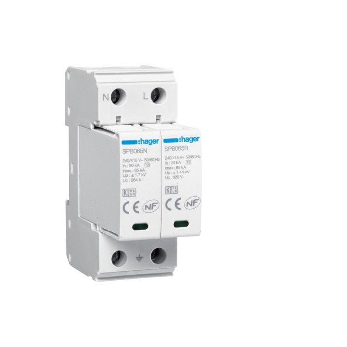 PARAFOUDRE 2P In 20kA Imax 65KAT2 TNS/TT Uc 320V -HAGER-SPB265R,Parafoudre