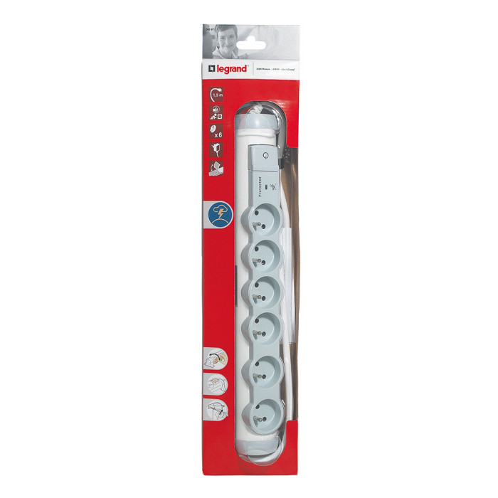 Rallonge multiprise 6 prises de courant 2P+T 16A 230V avec parafoudre - blanc et gris - Legrand -