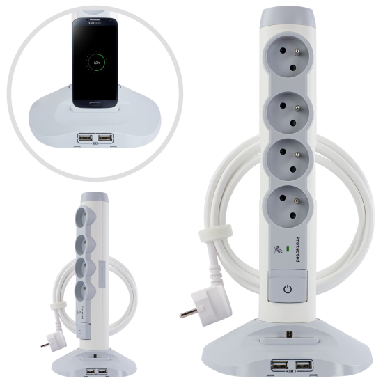 Tour multiprise 4 prises 2 ports USB dock micro USB parafoudre cable 2M - Legrand -