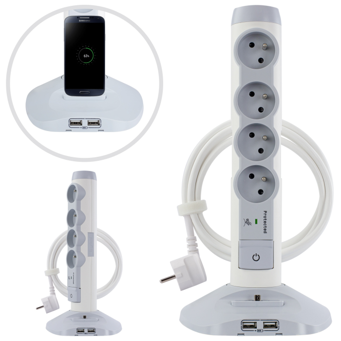 Tour multiprise 4 prises 2 ports USB dock micro USB parafoudre cable 2M - Legrand -