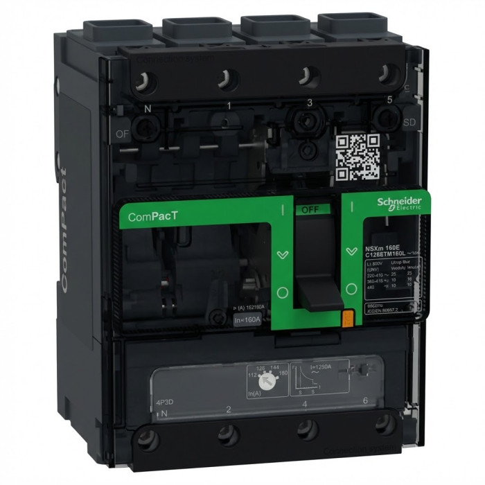 Disjoncteur ComPacT NSXm E (16kA à 415VAC), 4 pôles 3d, unité TMD de 160A, connecteurs EverLink -