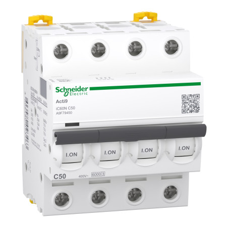 Disjoncteur modulaire – iC60N – 4P – 50 A – courbe C Acti9- SCHNEIDER - A9F79450,Disjoncteur