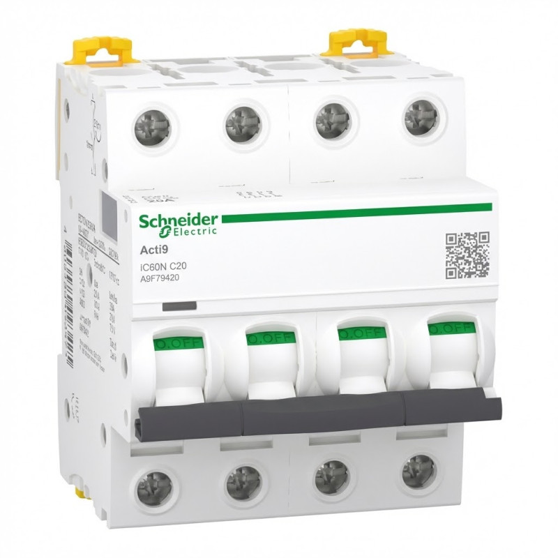 Disjoncteur modulaire – iC60N – 4P – 20 A – courbe C Acti9 - SCHNEIDER - A9F79420,Disjoncteur