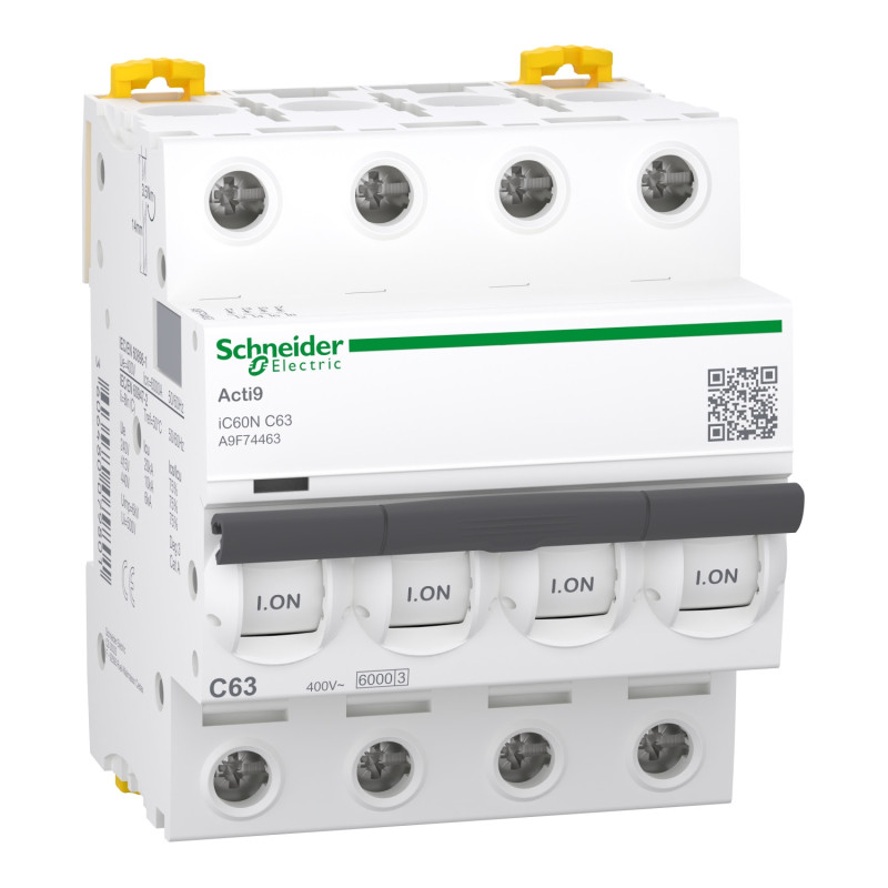 Disjoncteur modulaire miniature iC60N, 4P 63 A courbe C, 6000 A, 10 kA Acti9 - SCHNEIDER -
