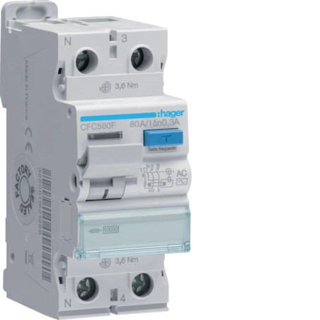 INTERRUPTEUR DIFFERENTIEL 1P+N 80A 300mA - HAGER - CFC580F