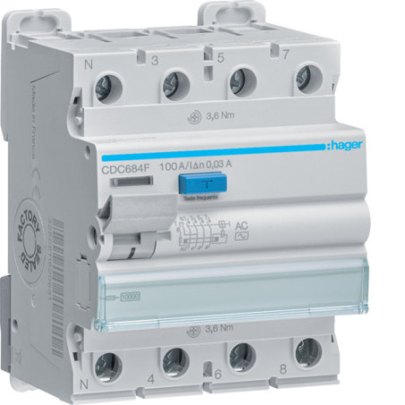 Interrupteur Différentiel 4 Poles 100a 30ma Ac - Hager - CDC684F